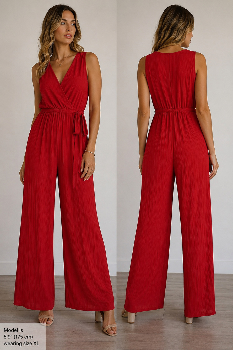 Bold & Chic Red Surplice Wide Leg Jumpsuit Sleeveless Women’s XL